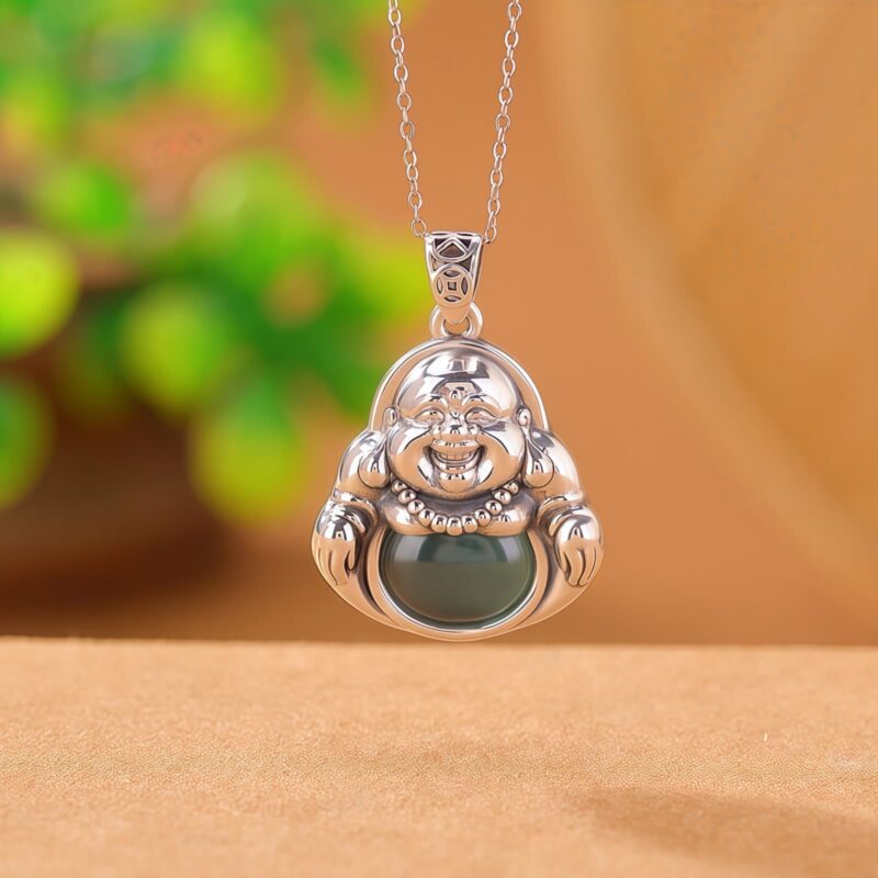 999 Silver Laughing Buddha Cyan Jade Pendant Necklace - 2