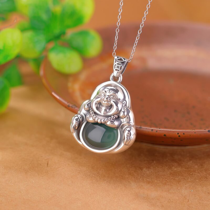 999 Silver Laughing Buddha Cyan Jade Pendant Necklace - 1