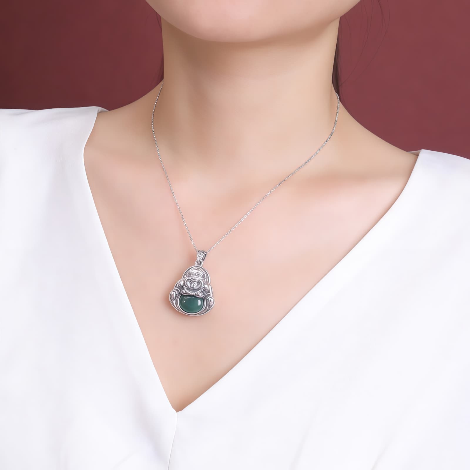 999 Silver Laughing Buddha Cyan Jade Pendant Necklace 999 Silver Laughing Buddha Cyan Jade Pendant Necklace - 5