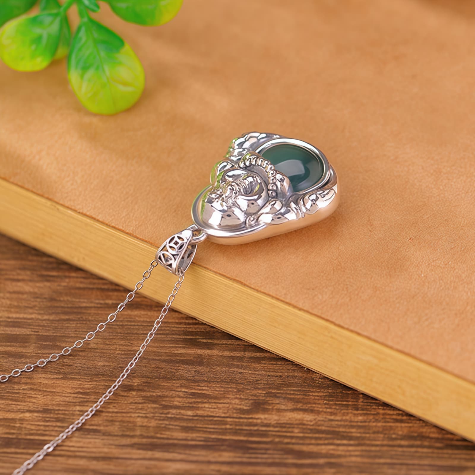 999 Silver Laughing Buddha Cyan Jade Pendant Necklace 999 Silver Laughing Buddha Cyan Jade Pendant Necklace - 3