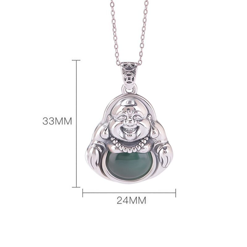 999 Silver Laughing Buddha Cyan Jade Pendant Necklace - 6