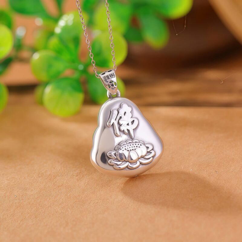 999 Silver Laughing Buddha Cyan Jade Pendant Necklace - 4