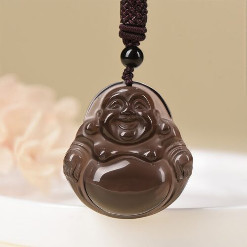 Natural Black Obsidian Laughing Buddha Pendant Necklace Natural Black Obsidian Laughing Buddha Pendant Necklace