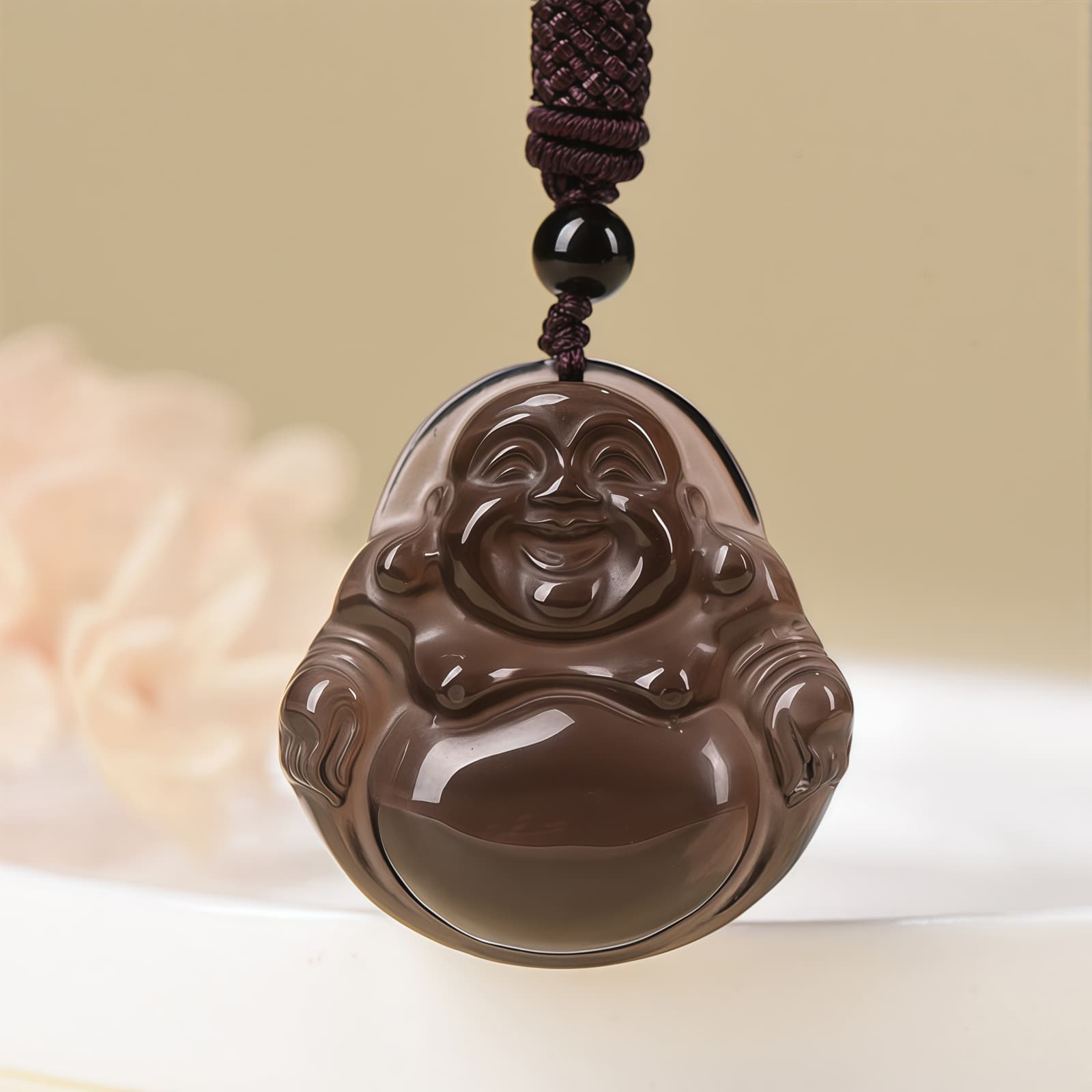 Natural Black Obsidian Laughing Buddha Pendant Necklace Natural Black Obsidian Laughing Buddha Pendant Necklace