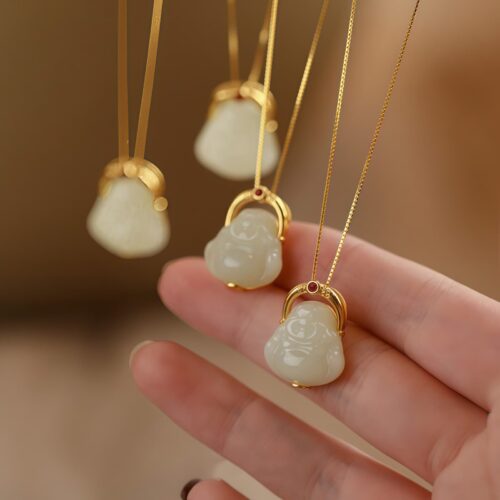 Natural Hetian Jade Laughing Buddha Pendant Necklace - 1 Natural Hetian Jade Laughing Buddha Pendant Necklace - 1
