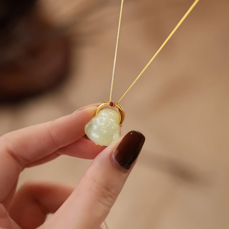 Natural Hetian Jade Laughing Buddha Pendant Necklace Natural Hetian Jade Laughing Buddha Pendant Necklace - 2