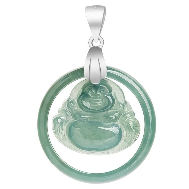 Natural Jade Laughing Buddha Silver Pendant Necklace - 9