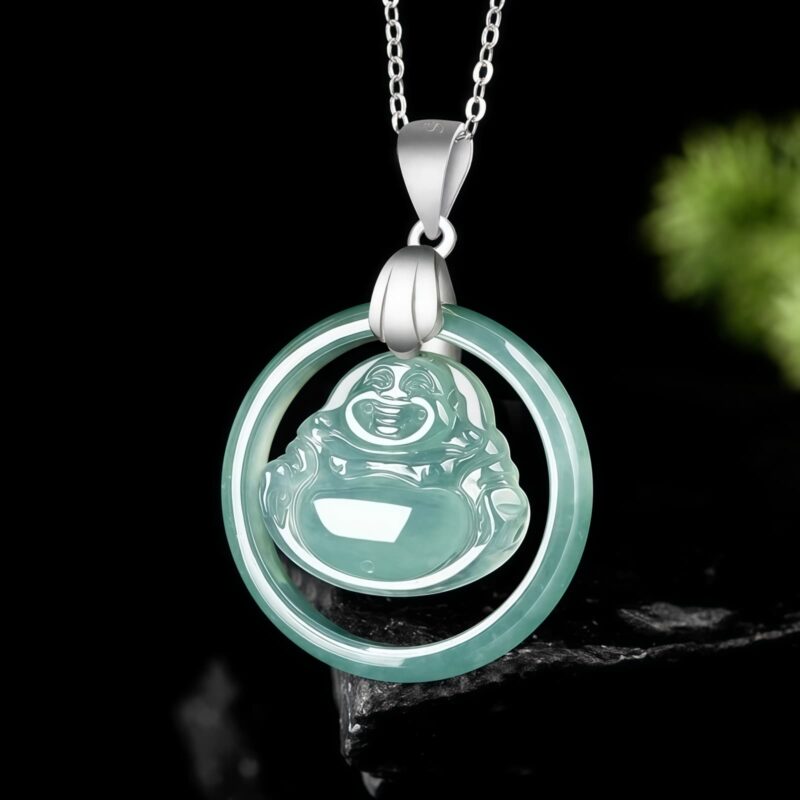 Natural Jade Laughing Buddha Silver Pendant Necklace - 2