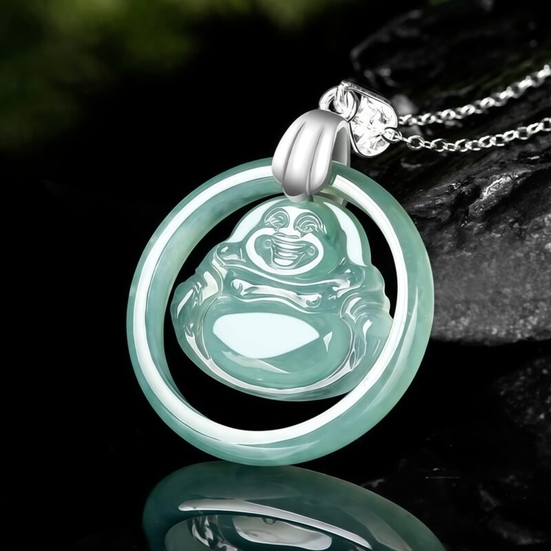 Natural Jade Laughing Buddha Silver Pendant Necklace - 3