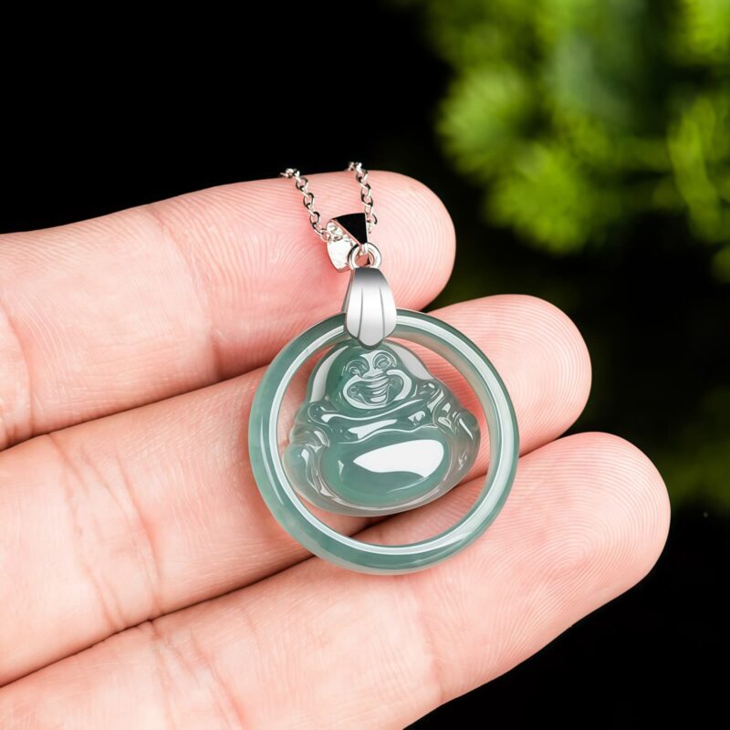 Natural Jade Laughing Buddha Silver Pendant Necklace - 6