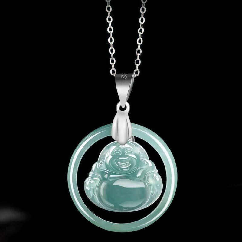 Natural Jade Laughing Buddha Silver Pendant Necklace - 4