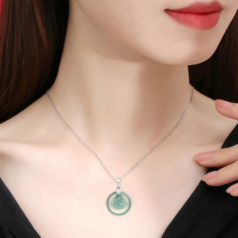 Natural Jade Laughing Buddha Silver Pendant Necklace - 8