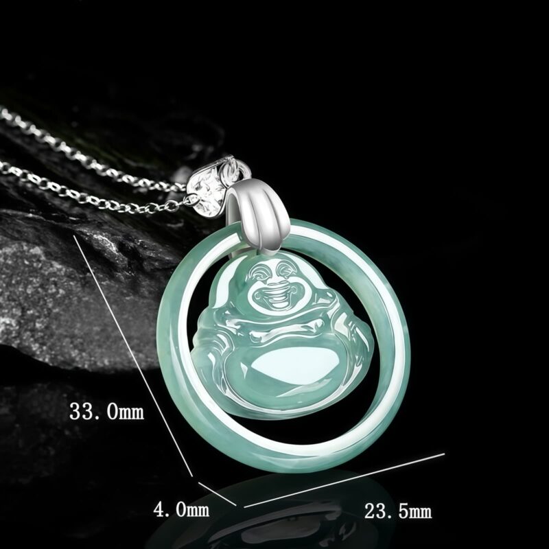 Natural Jade Laughing Buddha Silver Pendant Necklace - 7