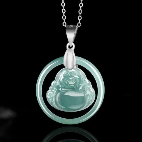 Natural Jade Laughing Buddha Silver Pendant Necklace - 1 Natural Jade Laughing Buddha Silver Pendant Necklace - 1