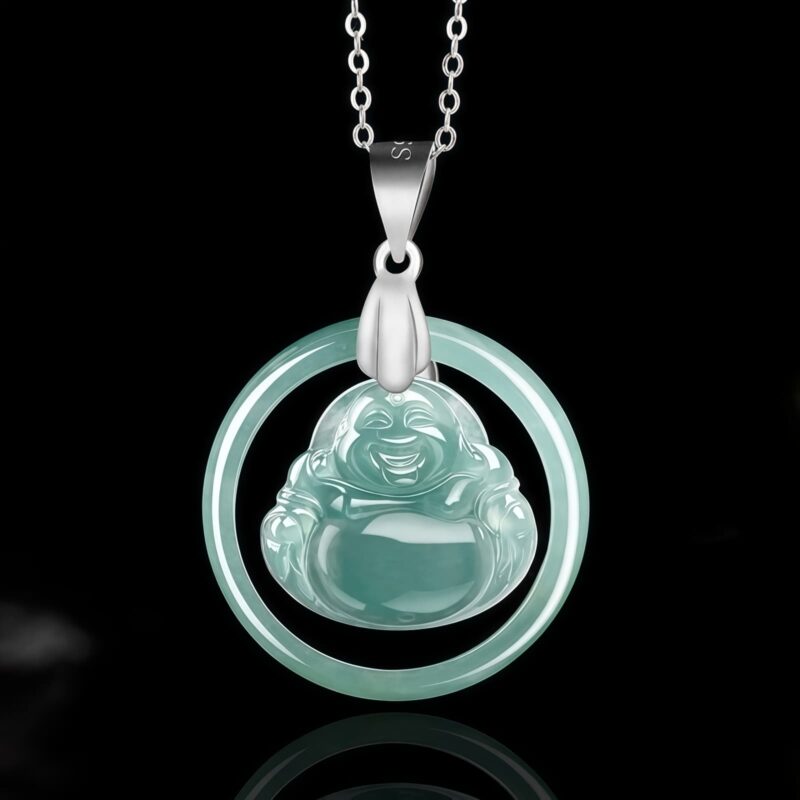 Natural Jade Laughing Buddha Silver Pendant Necklace - 1