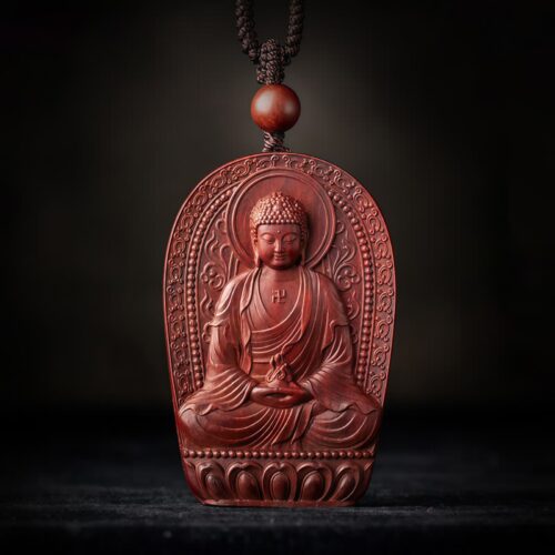Small Leaf Red Sandalwood Zodiac Buddha Pendant Necklace - 1 Small Leaf Red Sandalwood Zodiac Buddha Pendant Necklace - 1