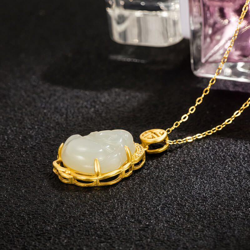 Tibetan White Jade Laughing Buddha Pendant Necklace - 4