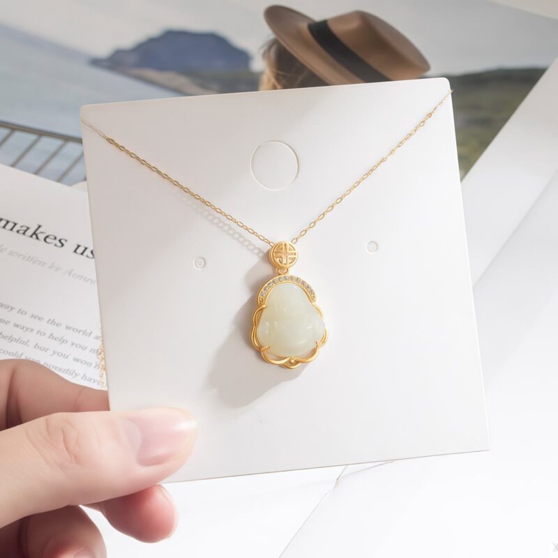 Tibetan White Jade Laughing Buddha Pendant Necklace - 3