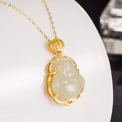 Tibetan White Jade Laughing Buddha Pendant Necklace - 2