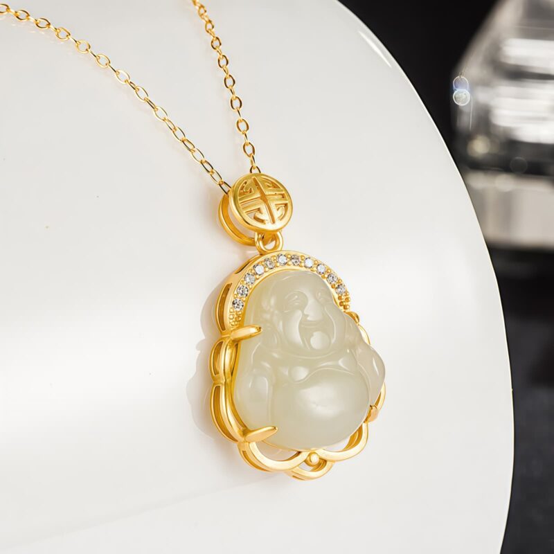 Tibetan White Jade Laughing Buddha Pendant Necklace - 2