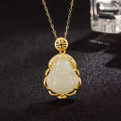 Tibetan White Jade Laughing Buddha Pendant Necklace - 1 Tibetan White Jade Laughing Buddha Pendant Necklace - 1