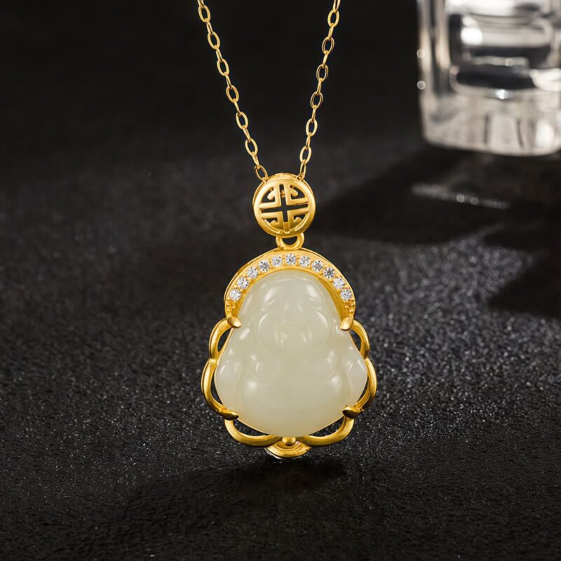 Tibetan White Jade Laughing Buddha Pendant Necklace - 1