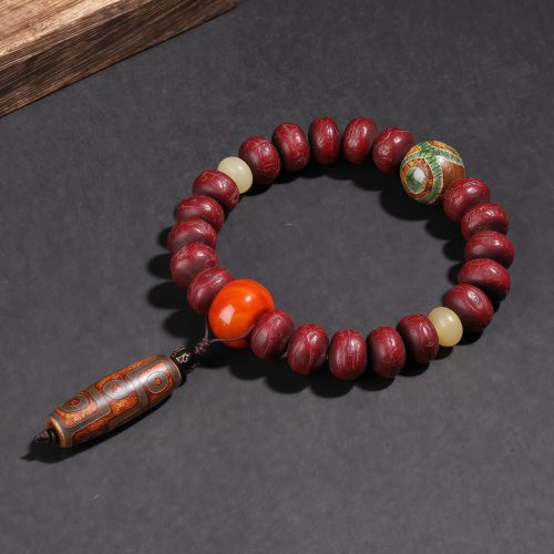 Pulsera Tibetana de Semillas de Bodhi y Dzi del León Danzante