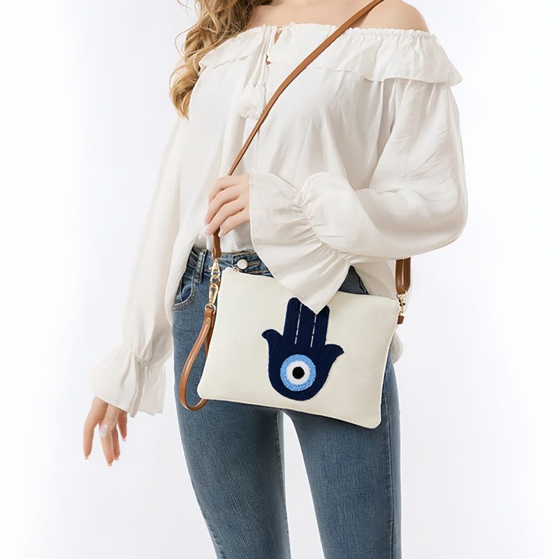 Bolsa Tiracolo de Lona - Olho Grego e Mão de Hamsá Canvas Hamsa Evil Eye Crossbody Bag