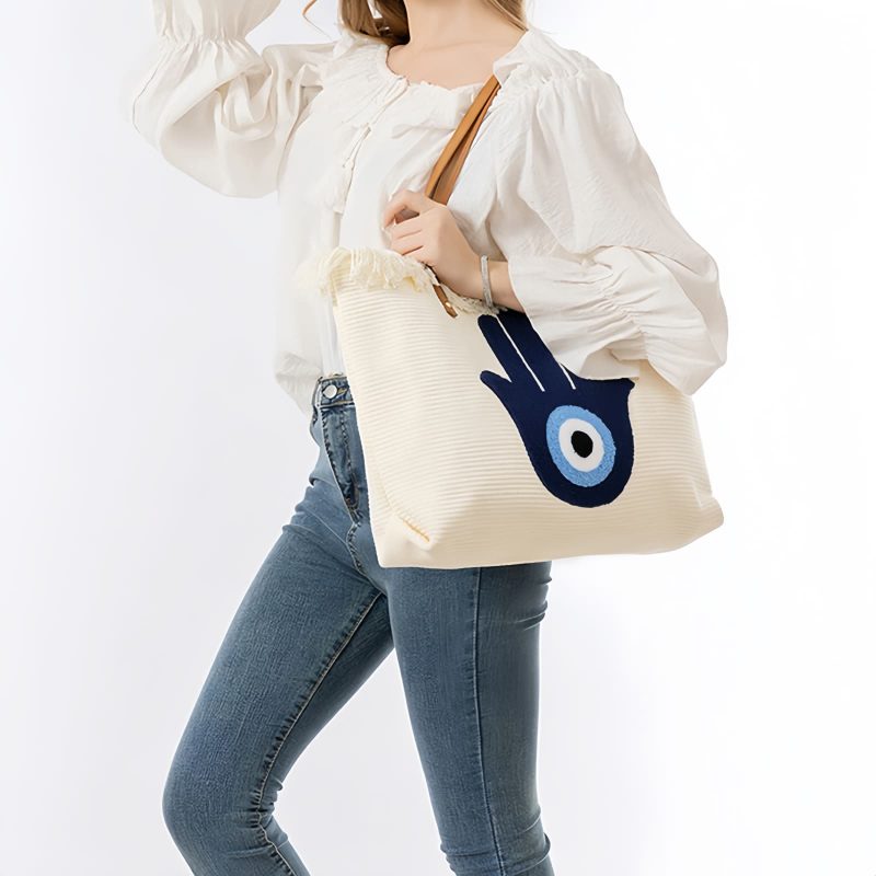 Bolsa Tote de Lona Olho Grego e Mão de Hamsá Canvas Evil Eye Hamsa Tote Bag