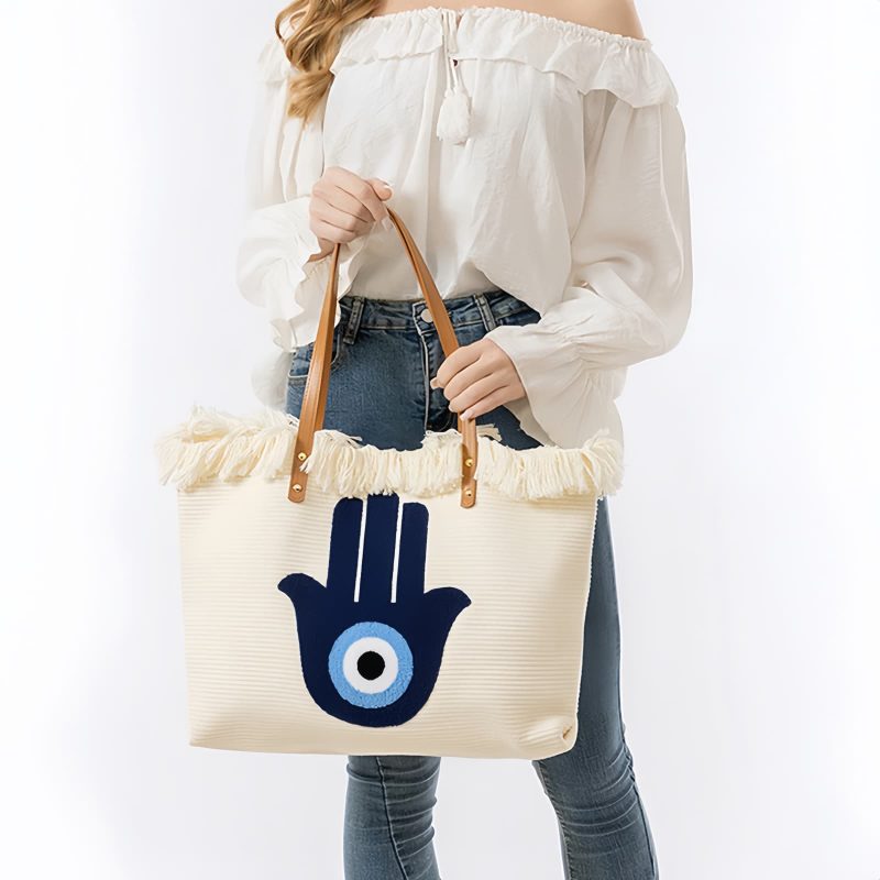 Bolsa Tote de Lona Olho Grego e Mão de Hamsá Canvas Evil Eye Hamsa Tote Bag