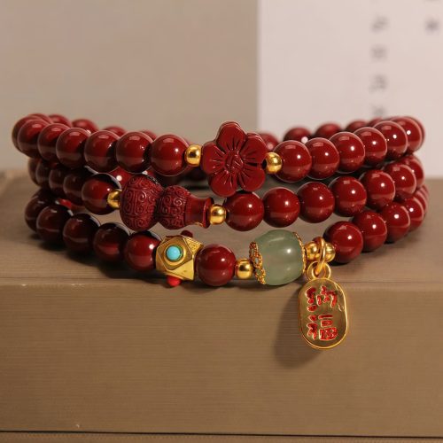 Cinnabar Fu Character Triple Wrap Bracelet