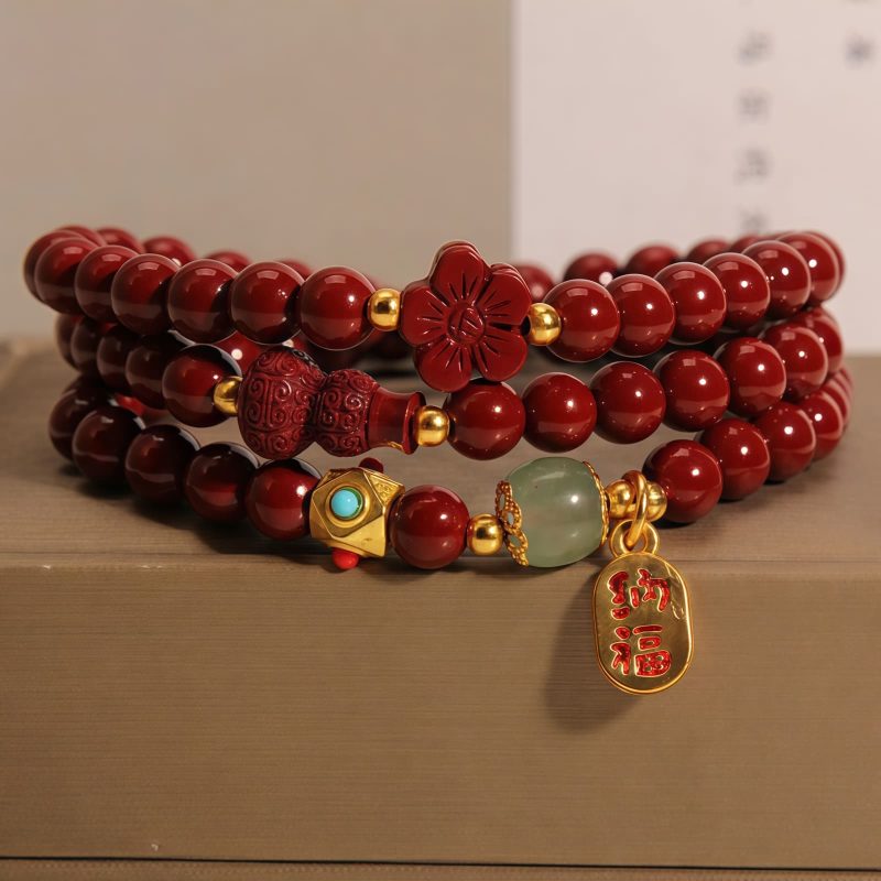 Cinnabar Fu Character Triple Wrap Bracelet Cinnabar Fu Character Triple Wrap Bracelet