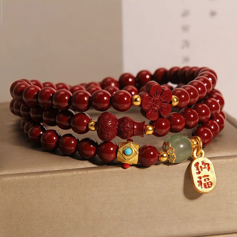 Cinnabar Fu Character Triple Wrap Bracelet Cinnabar Fu Character Triple Wrap Bracelet