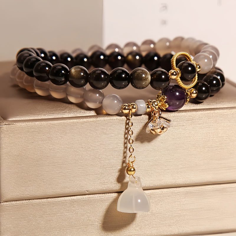 Gold Sheen Obsidian Lotus Charm Bracelet Gold Sheen Obsidian Lotus Charm Bracelet
