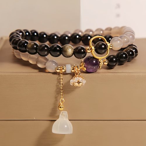 Gold Sheen Obsidian Lotus Charm Bracelet
