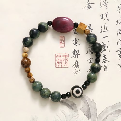 Pulseira de Ágata Verde e Dzi de 3 Olhos para o Sucesso Pulseira de Ágata Verde e Dzi de 3 Olhos para o Sucesso