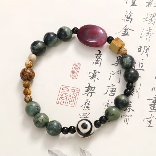 Pulseira de Ágata Verde e Dzi de 3 Olhos para o Sucesso Pulseira de Ágata Verde e Dzi de 3 Olhos para o Sucesso