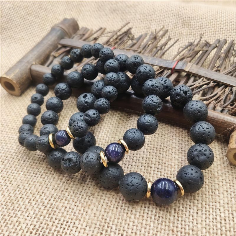 Pulsera Sanadora de Piedra Volcánica y Piedra de Sol Azul Lava Rock Blue Sandstone Healing Bracelet