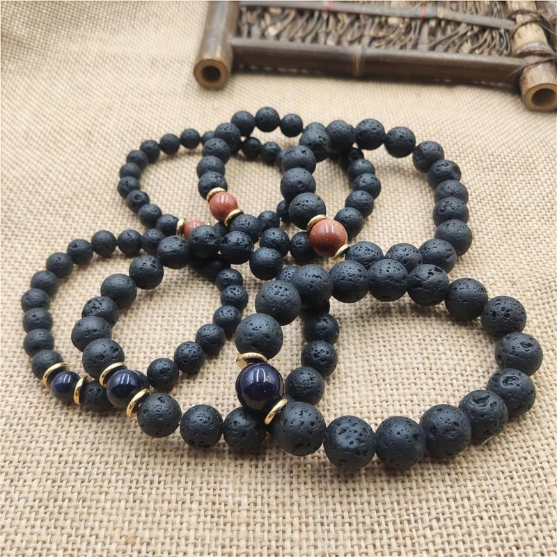 Pulsera Sanadora de Piedra Volcánica y Piedra de Sol Azul Lava Rock Blue Sandstone Healing Bracelet
