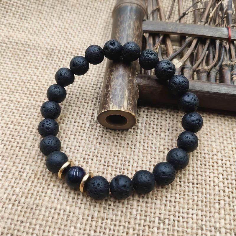 Pulsera Sanadora de Piedra Volcánica y Piedra de Sol Azul Lava Rock Blue Sandstone Healing Bracelet