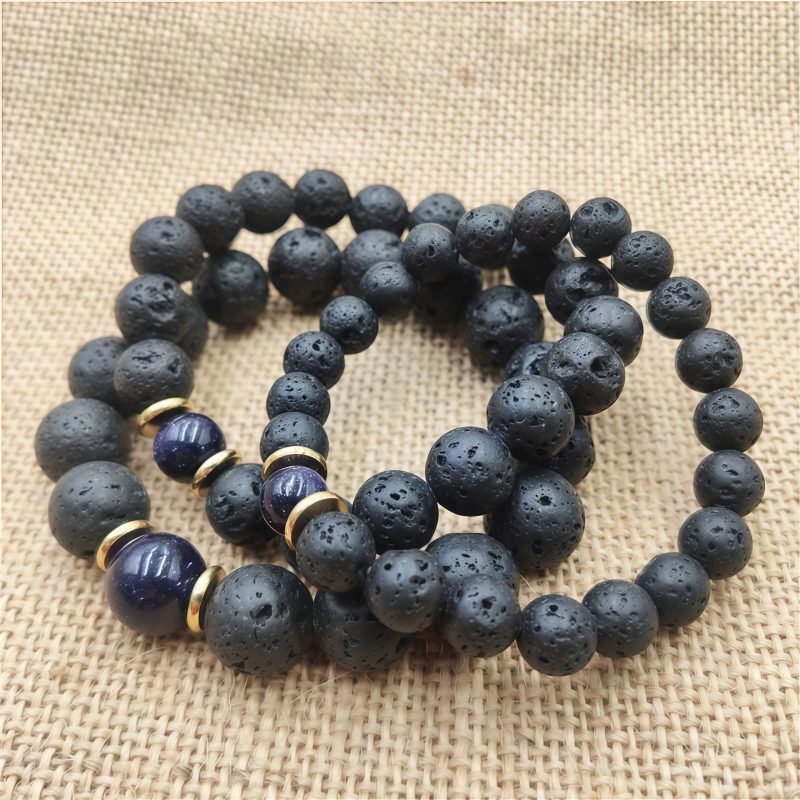 Pulsera Sanadora de Piedra Volcánica y Piedra de Sol Azul Lava Rock Blue Sandstone Healing Bracelet
