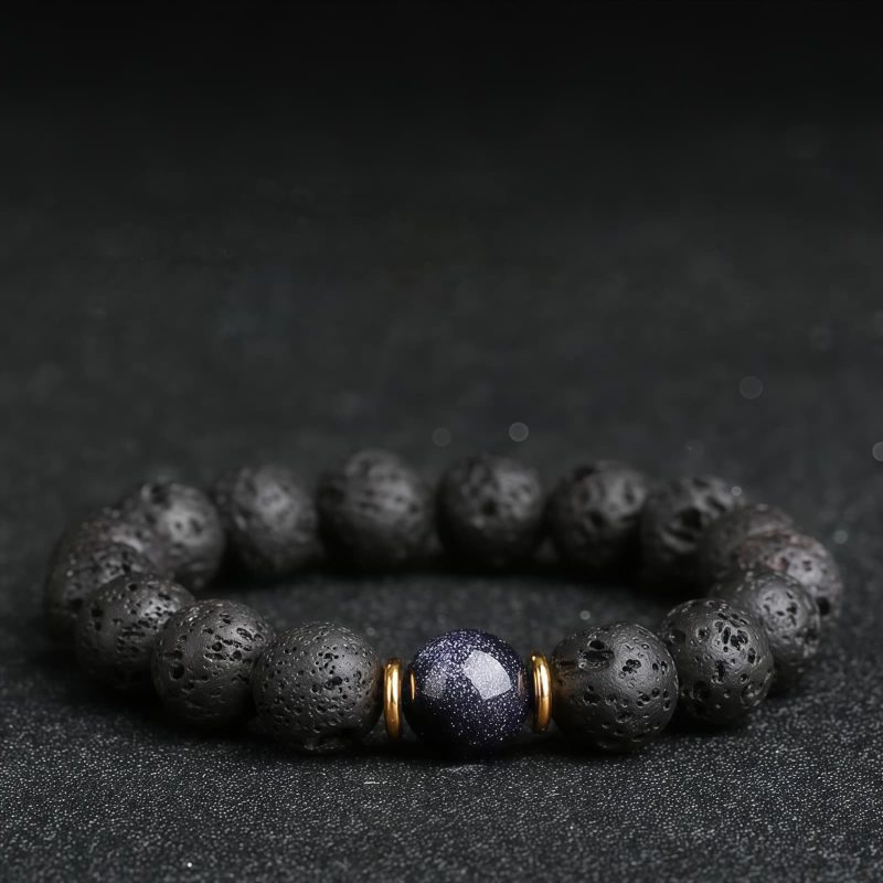 Pulsera Sanadora de Piedra Volcánica y Piedra de Sol Azul Lava Rock Blue Sandstone Healing Bracelet