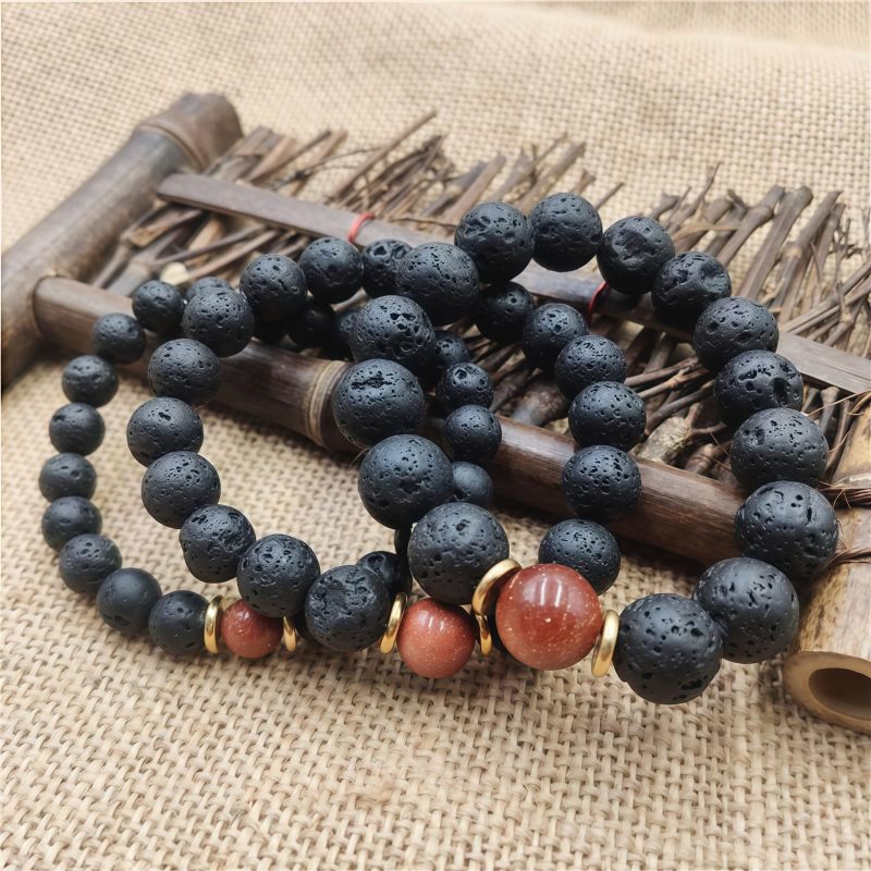 Pulsera Sanadora de Piedra Volcánica y Piedra de Sol Azul Lava Rock Blue Sandstone Healing Bracelet