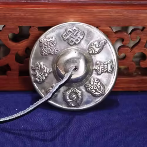 Tibetan White Copper Tingsha Bell Six True Words Healing Decoration - 2