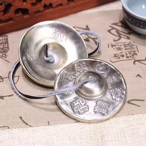 Tibetan White Copper Tingsha Bell Six True Words Healing Decoration - 1 Tibetan White Copper Tingsha Bell Six True Words Healing Decoration - 1