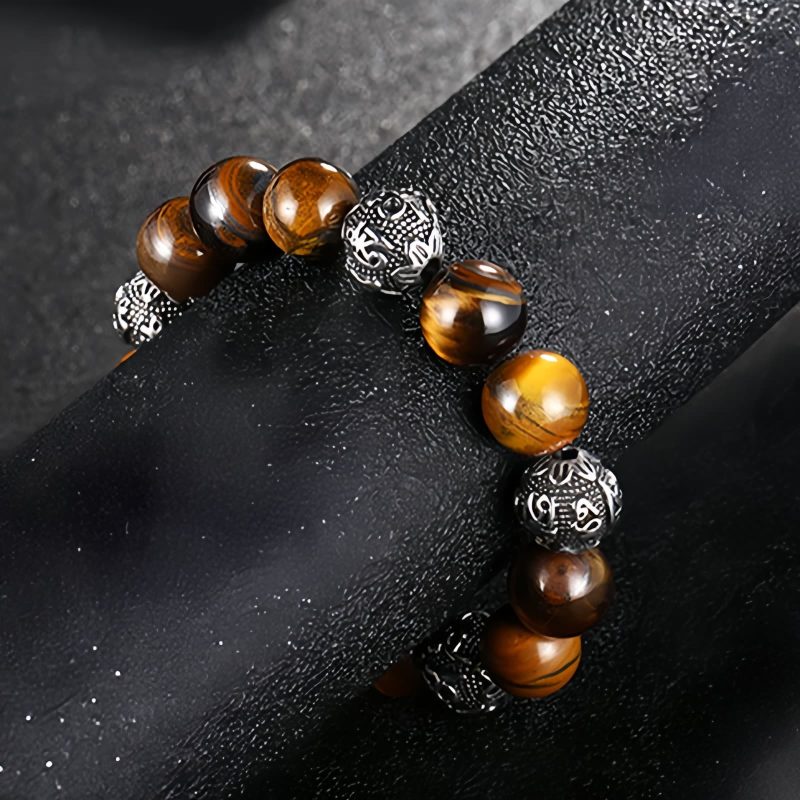 Natural Lava Rock & Tiger Eye Om Mani Padme Hum Bracelet Natural Lava Rock & Tiger Eye Om Mani Padme Hum Bracelet