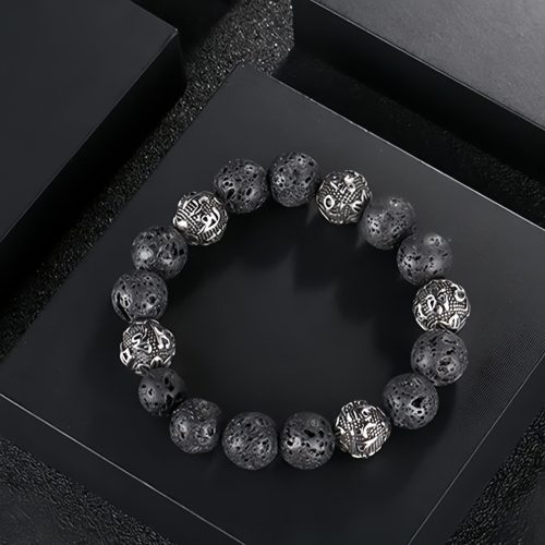 Armband aus Lava-Stein & Tigerauge mit Om Mani Padme Hum Armband aus Lava-Stein & Tigerauge mit Om Mani Padme Hum