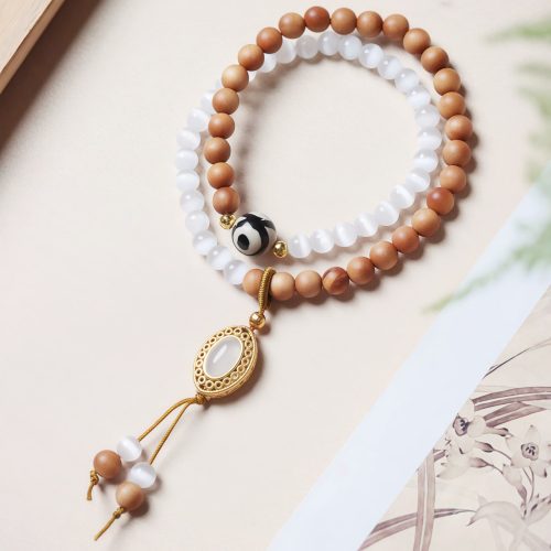 白檀とキャッツアイ・三眼天珠の守護ブレスレット