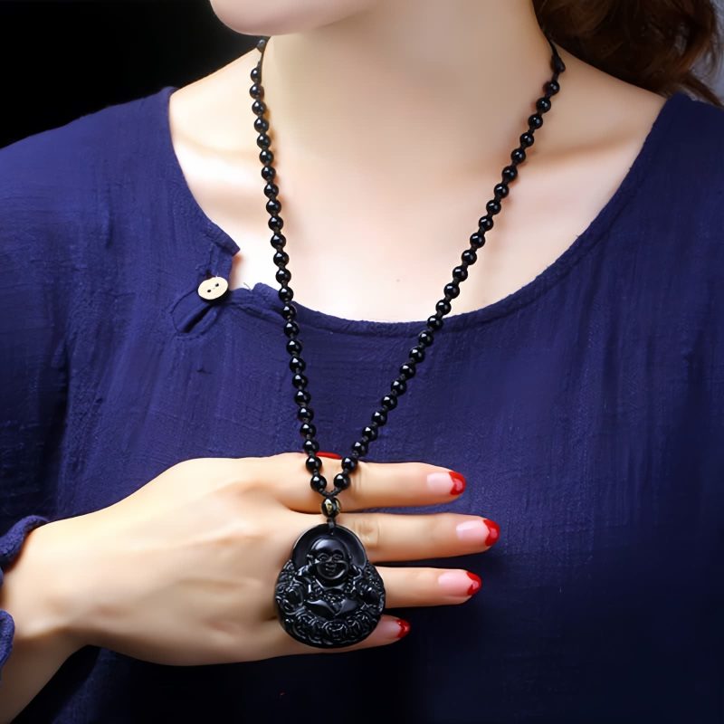 Black Obsidian Buddha Strength Pendant Necklace Black Obsidian Buddha Strength Pendant Necklace