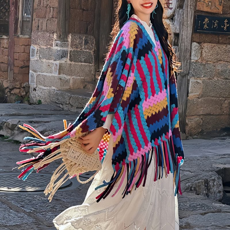 Candy Color Braided Tibetan Tassel Shawl Candy Color Braided Tibetan Tassel Shawl